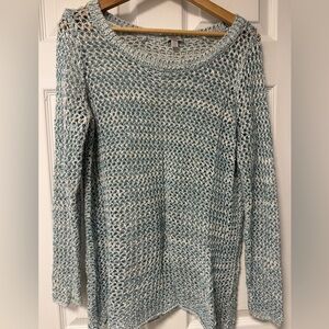 Tristan Light blue/white women's open knit sweater, size XL coastal crochet